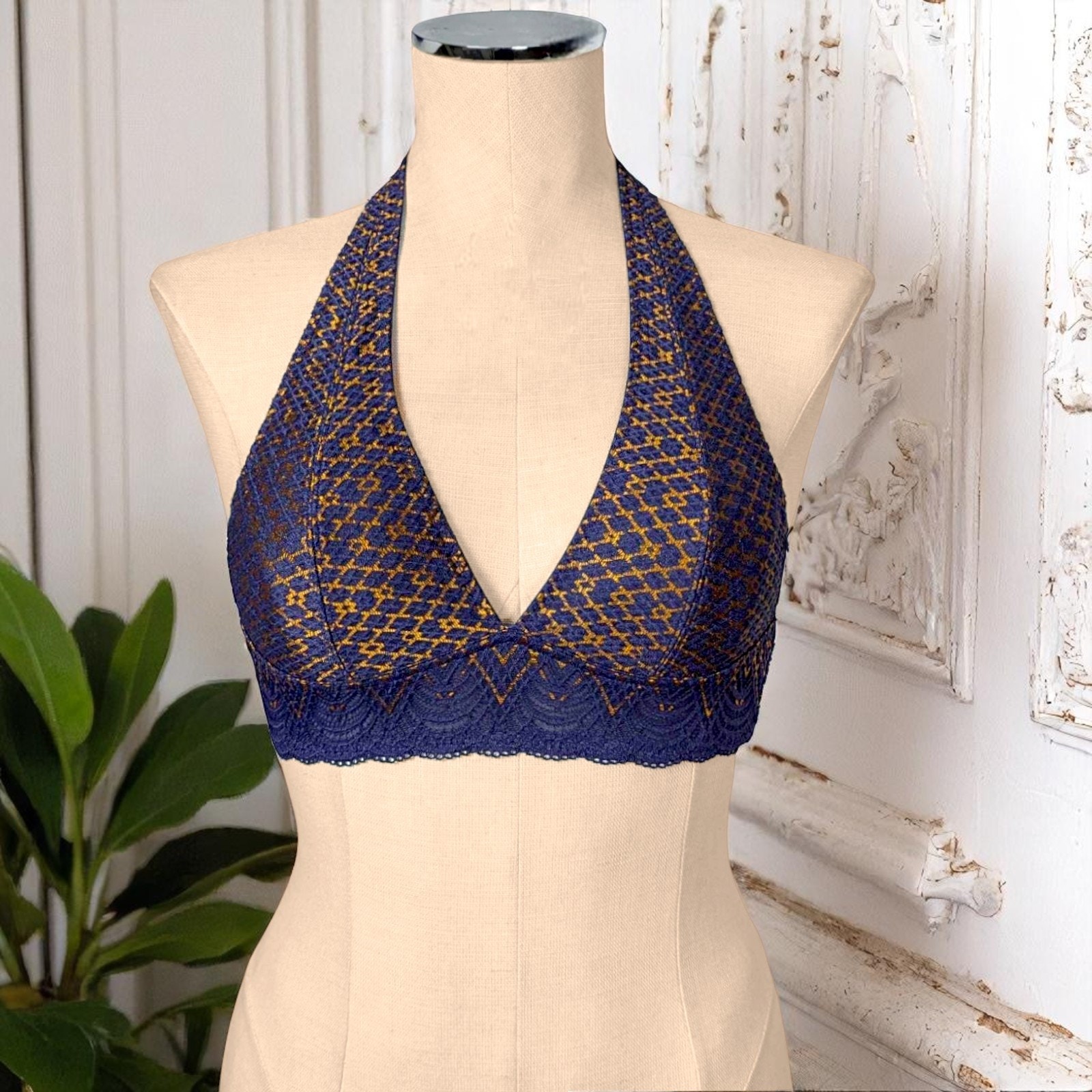 Free People Intimately Dark Blue Gold Lace Stretch Bralette Halter Xs